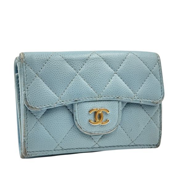 0389■1円 CHANEL シャネル 32番台 ココマーク キャビアスキン マトラッセ 三つ折り財布 コンパクトウォレット ゴールド金具 ブルー拍卖