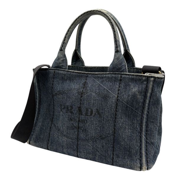 0393■1円 PRADA プラダ カナパミニ デニム2WAY ハンドバッグ トートバッグ ショルダーバッグ トライアングルロゴ ゴールド金具 ブルー拍卖
