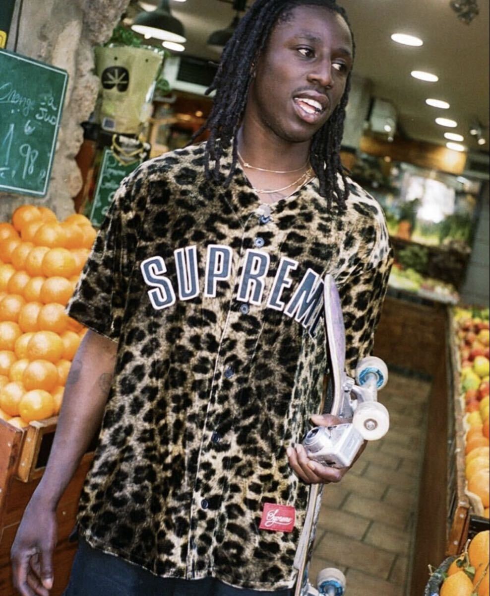 ★【L】SS25 Supreme Velvet Baseball Jersey Leopard★シュプリーム ベルベットベースボールシャツ レオパード 豹柄拍卖