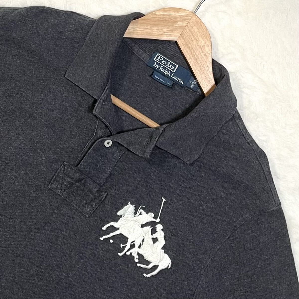 【美品】POLO RALPH LAUREN 半袖ポロシャツ XL ダークグレー ダブルポニー 袖ナンバリング「3」 綿100%拍卖