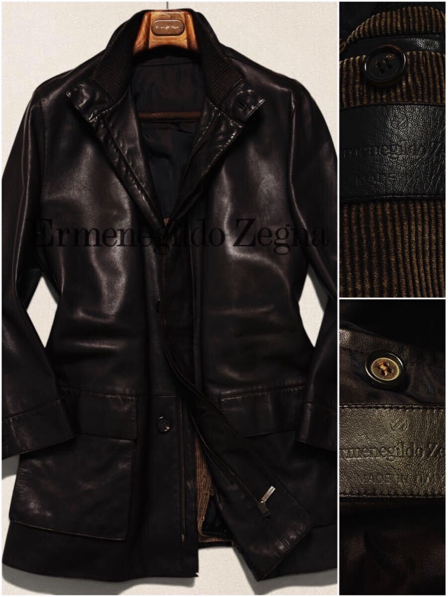 定価60万「最高峰黒タグレザー」Ermenegildo Zegna/ゼニア ライナー付き 超希少上級ラムレザーロングコート100% size50 K56-268 メンズ拍卖