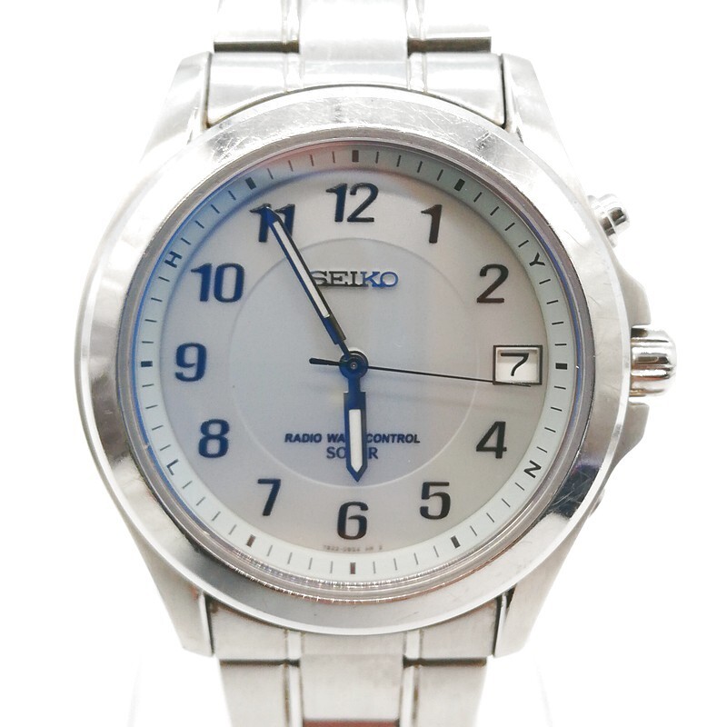 稼動品 SEIKO セイコー 7B22-0AZ0 アナログ 電波ソーラー 3針 カレンダー メタルバンド シルバー ラウンド ステンレス 純正ベルト 58-52拍卖