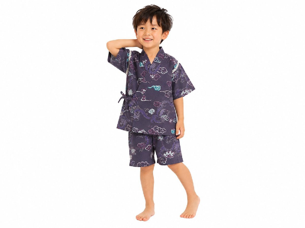 ◆キッズ 甚平◆男の子用 綿素材 子供 上下セット セパレート k-217 (龍と雲C1グレー・110cm) 【男児 お祭り 涼しい イベント 子供 花火】拍卖