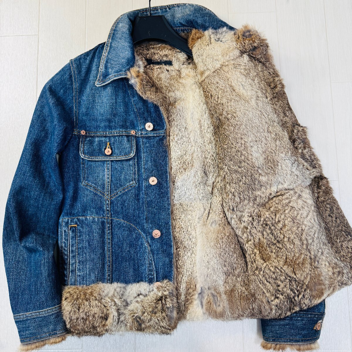 美品/48 M-L相当●ドルチェアンドガッバーナ DOLCE&GABBANA 裏地ラビットファー 毛皮 デニムジャケット Gジャン アウター 希少 メンズ 青拍卖
