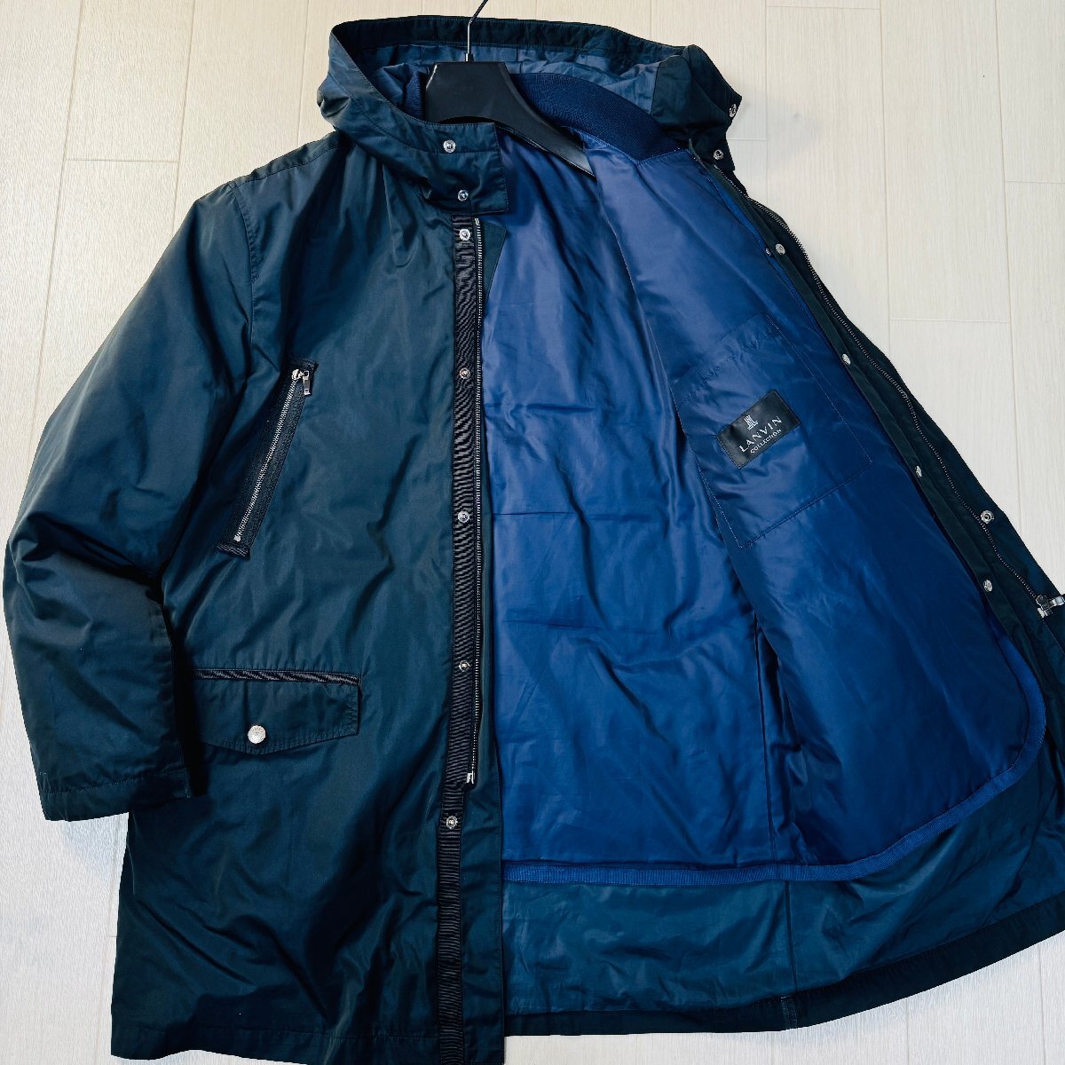 良品/50 L-XL相当●ランバン LANVIN COLLECTION ダウンライナー フーデットコート ジャケット 2WAY アウター 艶ナイロン メンズ 紺拍卖