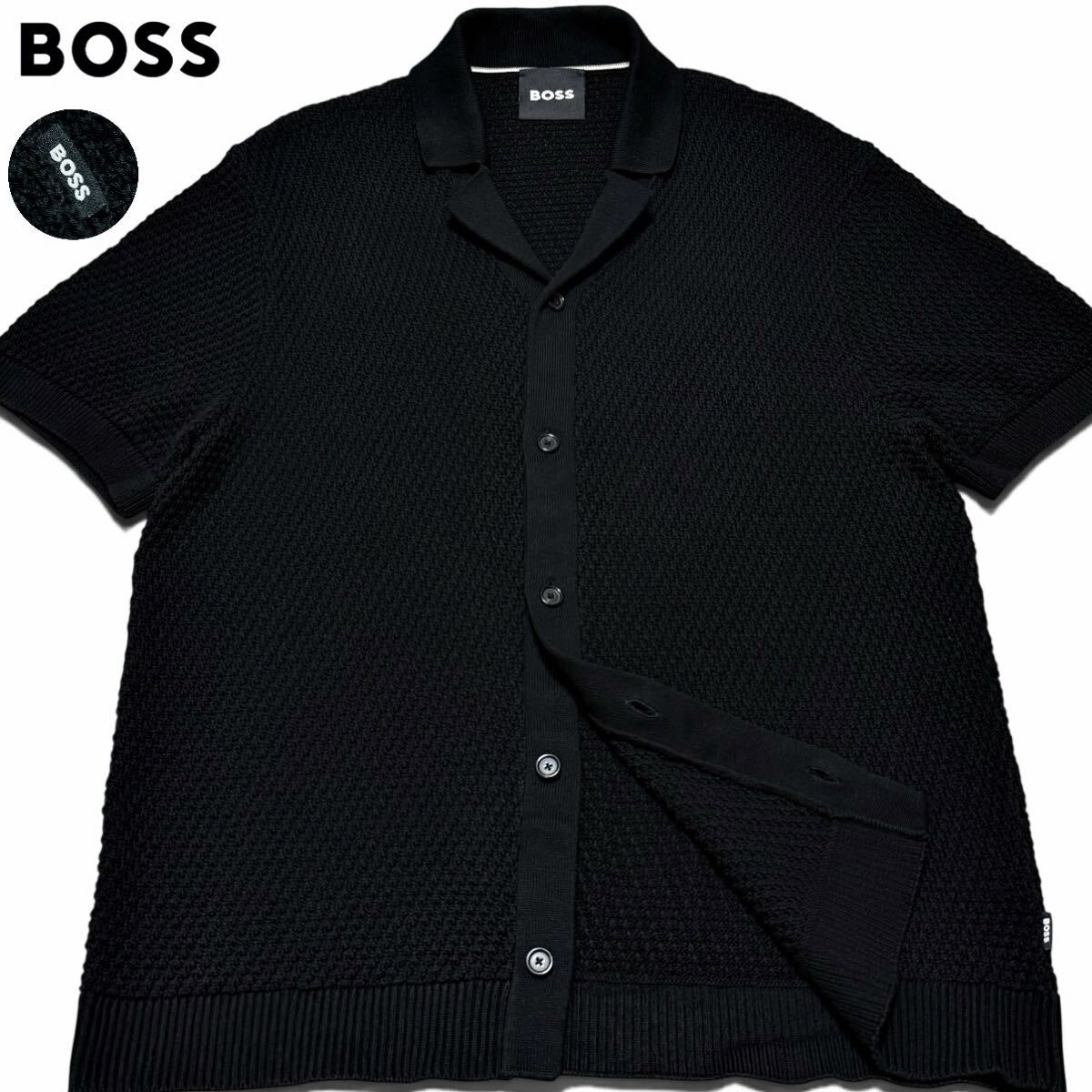 極美品/Lサイズ●HUGO BOSS ヒューゴボス 現行モデル 編み込み サマーニット 半袖 オープンカラーシャツ ロゴパッチ 凹凸 爽快 ブラック 黒拍卖