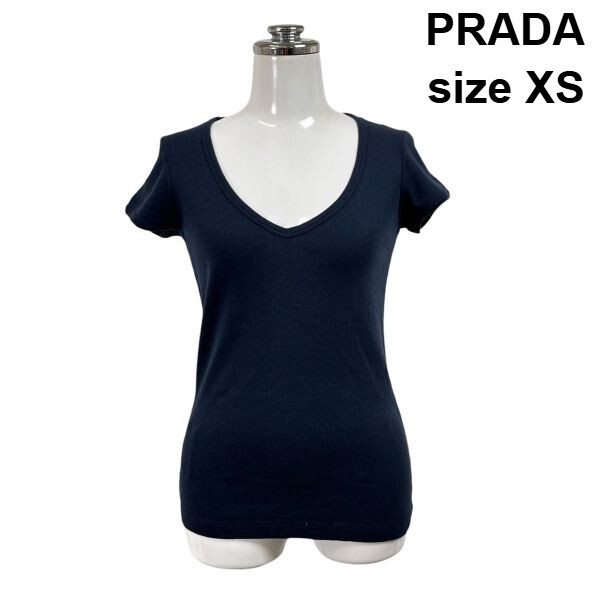 プラダ PRADA Tシャツ トップス 半袖 Vネック ロゴ ネイビー コットン100% XS 5号 レディース S6D414拍卖