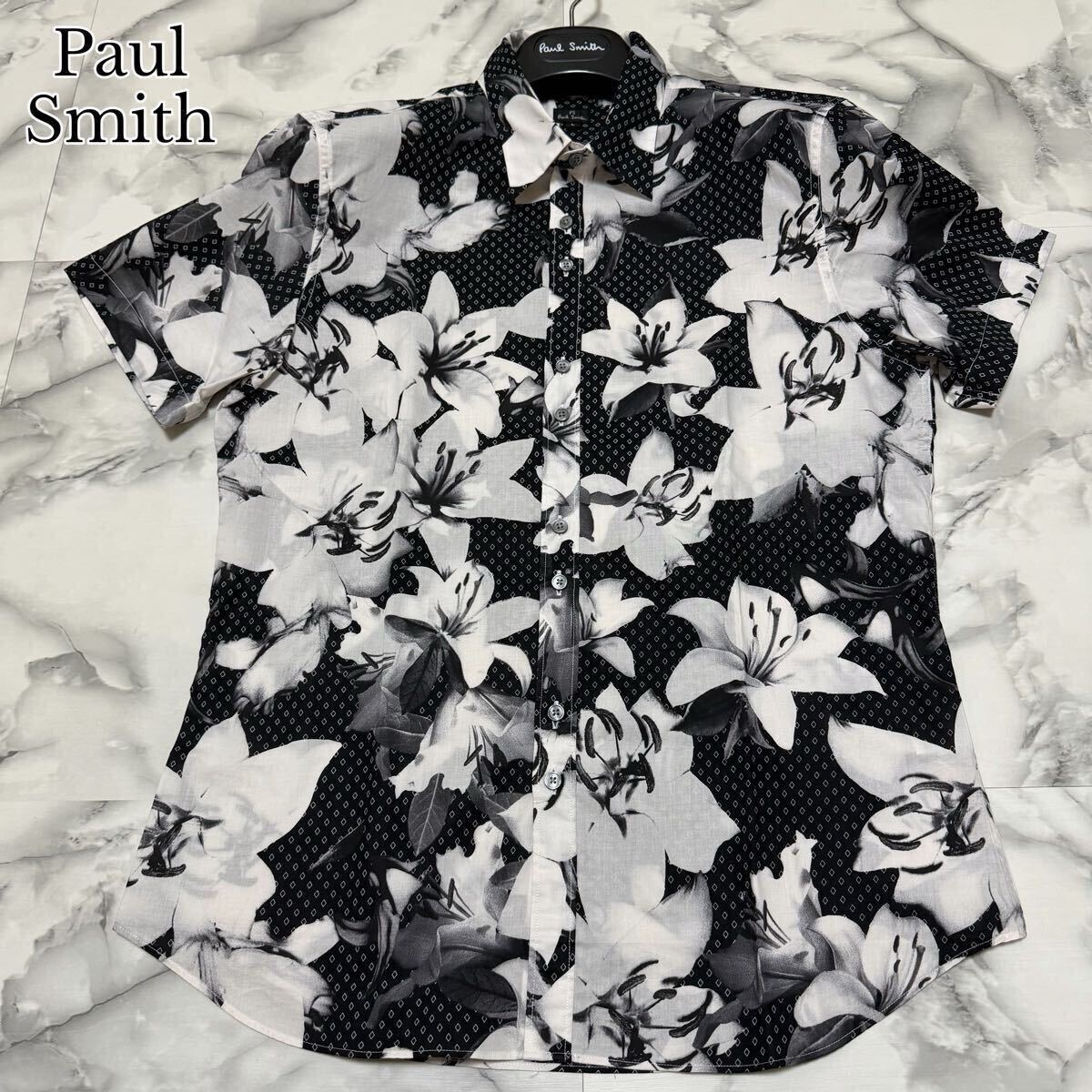 極美品●希少L! ポールスミス 花柄 半袖シャツ PS Paul Smith 総柄 モノグラム フラワー ユリ 羽織り ボタンダウン 日本製 黒 ブラック拍卖