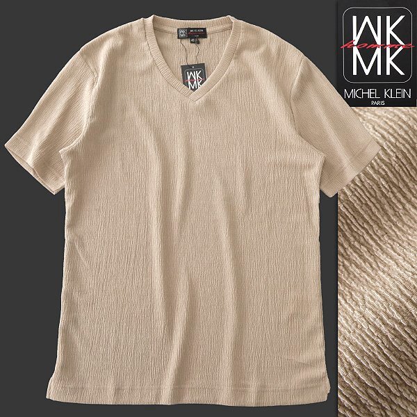 新品 MK ミッシェルクランオム 楊柳 ジャージー Vネック 半袖 カットソー 48(L) ベージュ 【I58422】 MICHEL KLEIN homme 春夏 メンズ拍卖