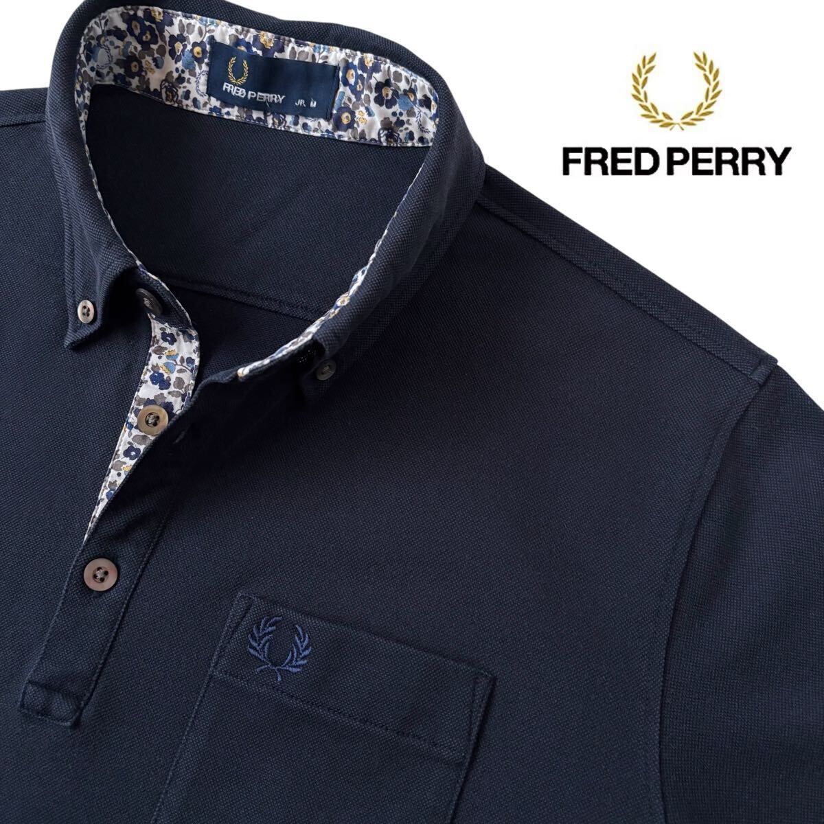 FRED PERRY フレッドペリー ボタンダウン ポロシャツ M 165〜175cm ネイビー 花柄 ワンポイント ビズポロ シャツ F1481拍卖