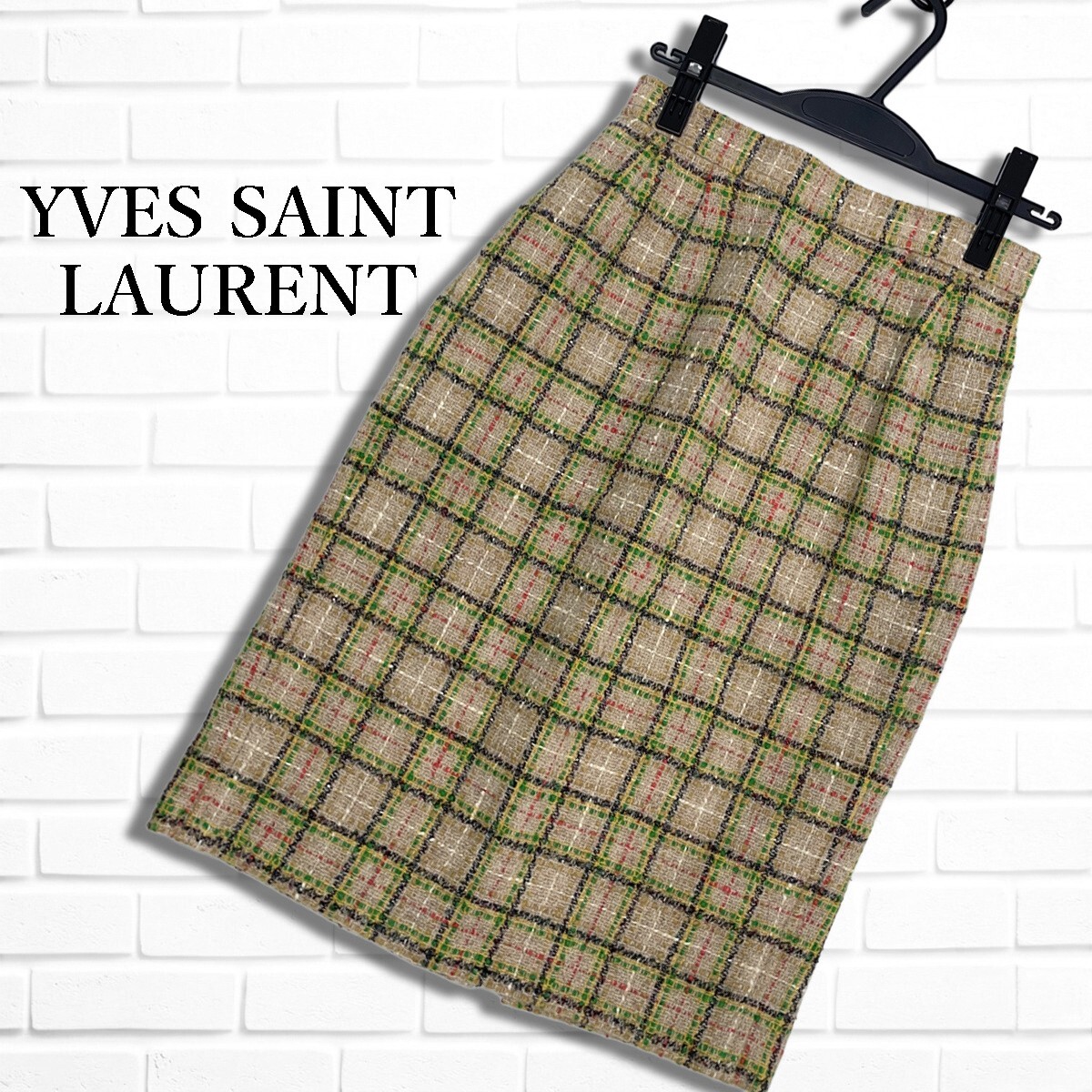 美品◆ YVES SAINT LAURENT イヴサンローラン ヴィンテージ ウール ツイード フランス生地 スリット チェック スカート レディース 2186H◇拍卖