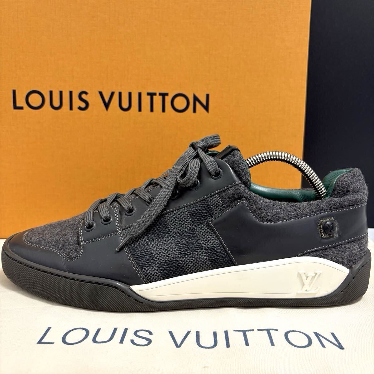 美品●LOUIS VUITTON ルイヴィトン ダミエグラフィット LVロゴ エンボス スニーカー シューズ 靴 レザー ニット 黒 緑 メンズ 26cm拍卖
