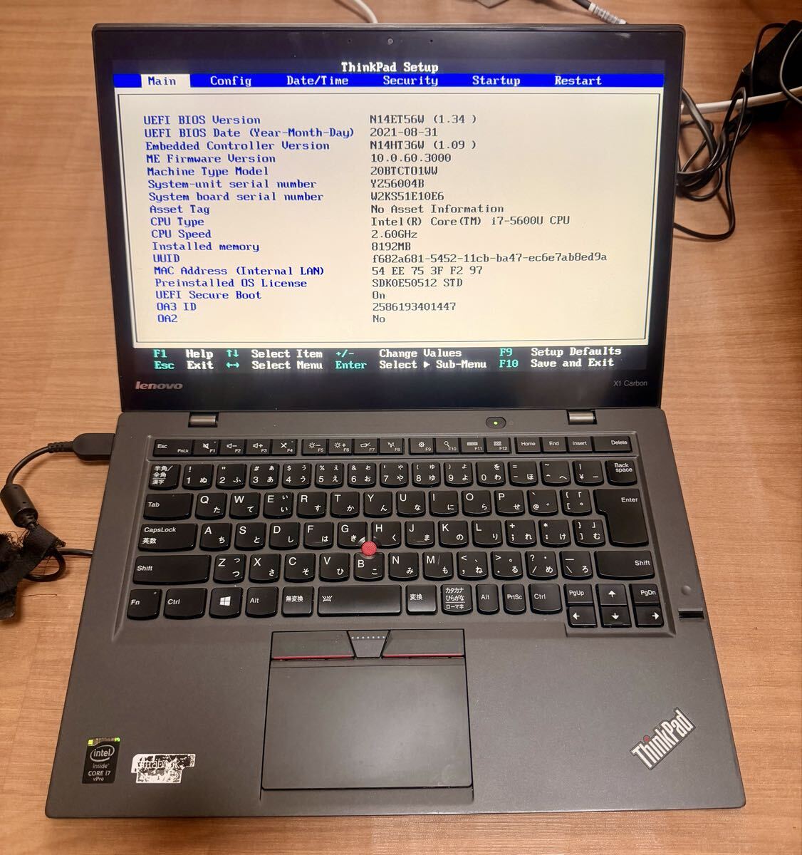 ★★★ 【ジャンク/バッテリー使用不可】Thinkpad X1 Carbon Core i7-5600U/8GB/256GB/Windows11 21H2/タッチパネル/ACアダプター ★★★拍卖