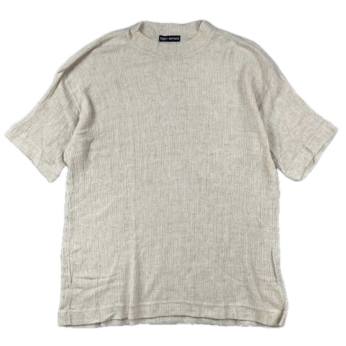 ISSEY MIYAKE イッセイミヤケ 半袖 ニット トップス プルオーバー シワ加工 生成り ベージュ M コットン リネン混 メッシュ風 ME51JK040拍卖
