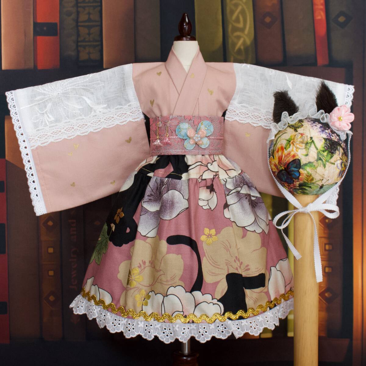 40cmドール MDD ( L胸 もちあし OK ) SDM MSD 対応 * 桃 着物ドレス & 花 猫柄 スカート & 帯 & 猫耳 ヘッドドレス イヤリング 5点 セット拍卖