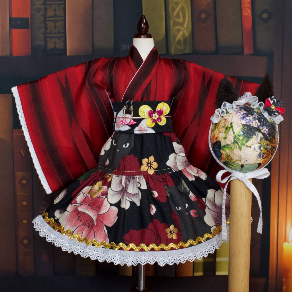 40cmドール MDD ( L胸 もちあし OK ) SDM MSD 対応 * 赤 着物ドレス & 花 猫柄 スカート & 帯 & 猫耳 ヘッドドレス イヤリング 5点 セット拍卖