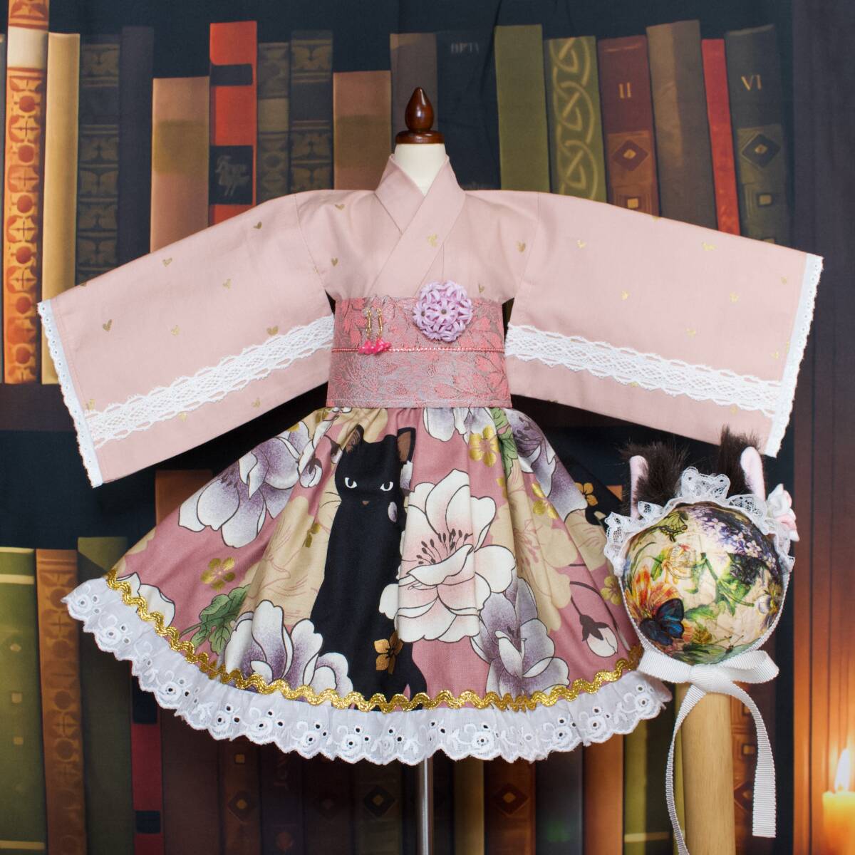 60cmドール SD DD ( L胸 OK ) 対応 * 桃 着物ドレス & 花 猫柄 スカート & 帯 & 猫耳 ヘッドドレス イヤリング 6点 セット * ドール服拍卖