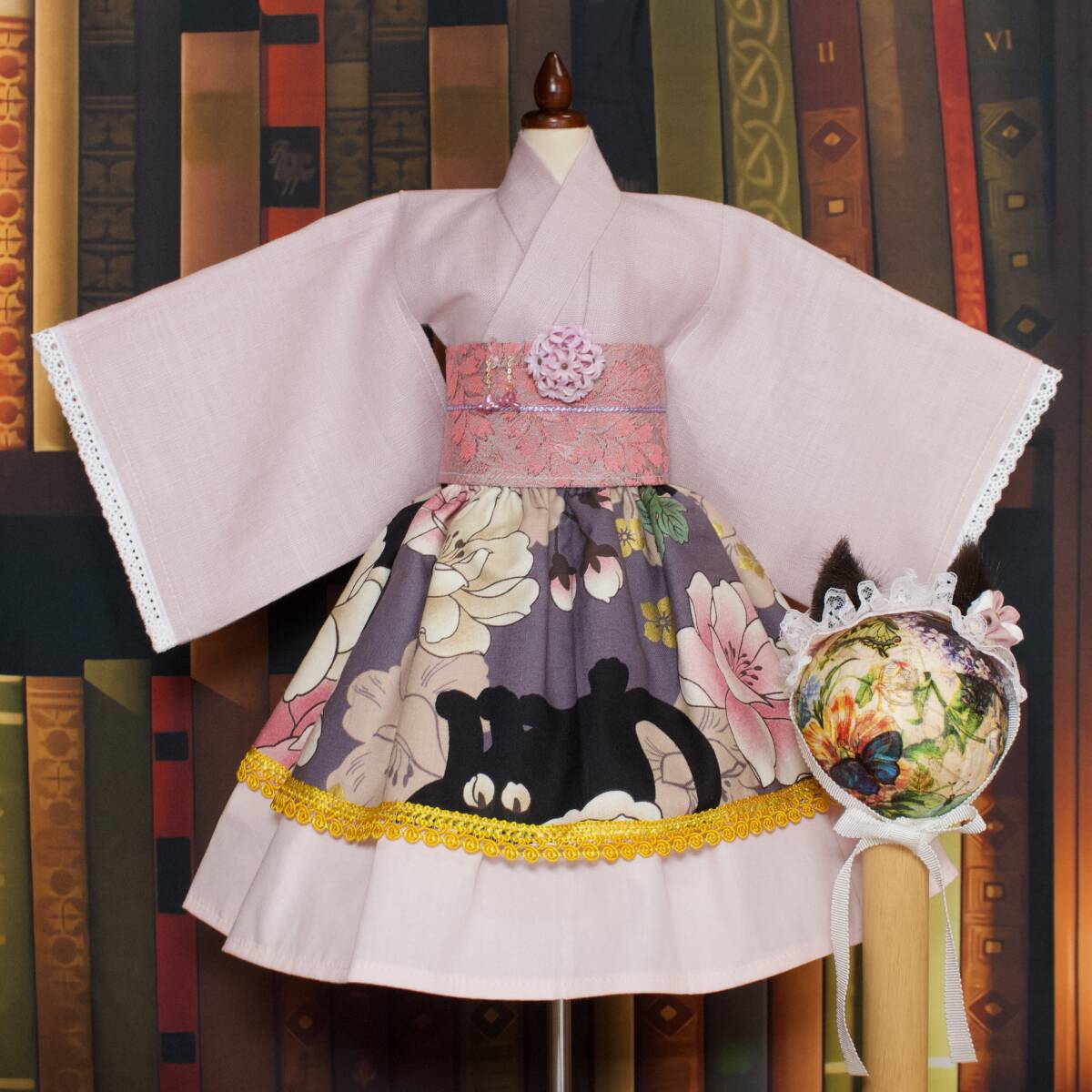 60cmドール SD DD ( L胸 OK ) 対応 * 紫 着物ドレス & 花 猫柄 スカート & 帯 & 猫耳 ヘッドドレス イヤリング 6点 セット * ドール服拍卖