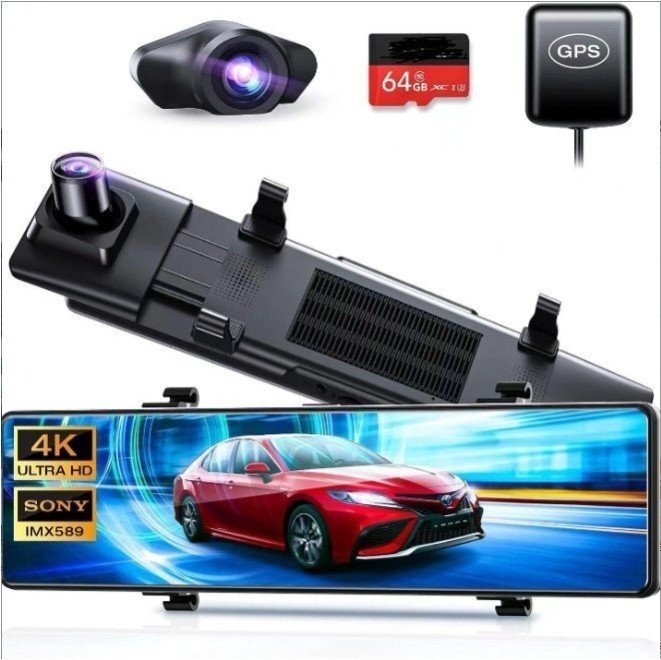 ワイヤレスCarplay/AndroidAuto対応12インチIPS液晶画面 ミラー型ドライブレコーダー ポータブルナビカーナビ機能 2カメラ録画 音楽対応拍卖