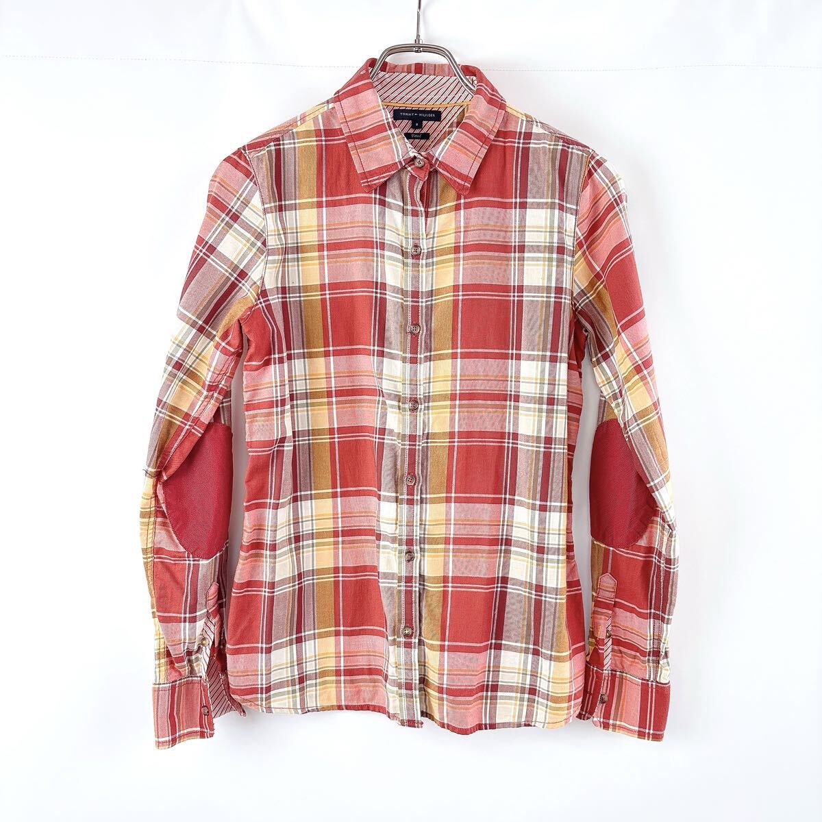 Tommy Hilfiger トミーヒルフィガー チェックシャツ 8 レッド エルボーパッチ 綿100% レディース拍卖