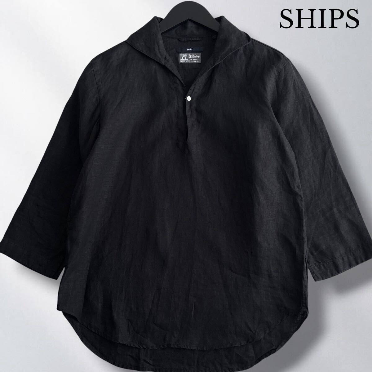 極美品■SHIPS シップス【M】BAIRD McNUTT 最高級 アイリッシュリネン 7分袖 スキッパーシャツ カプリシャツ プルオーバー ブラック 黒拍卖
