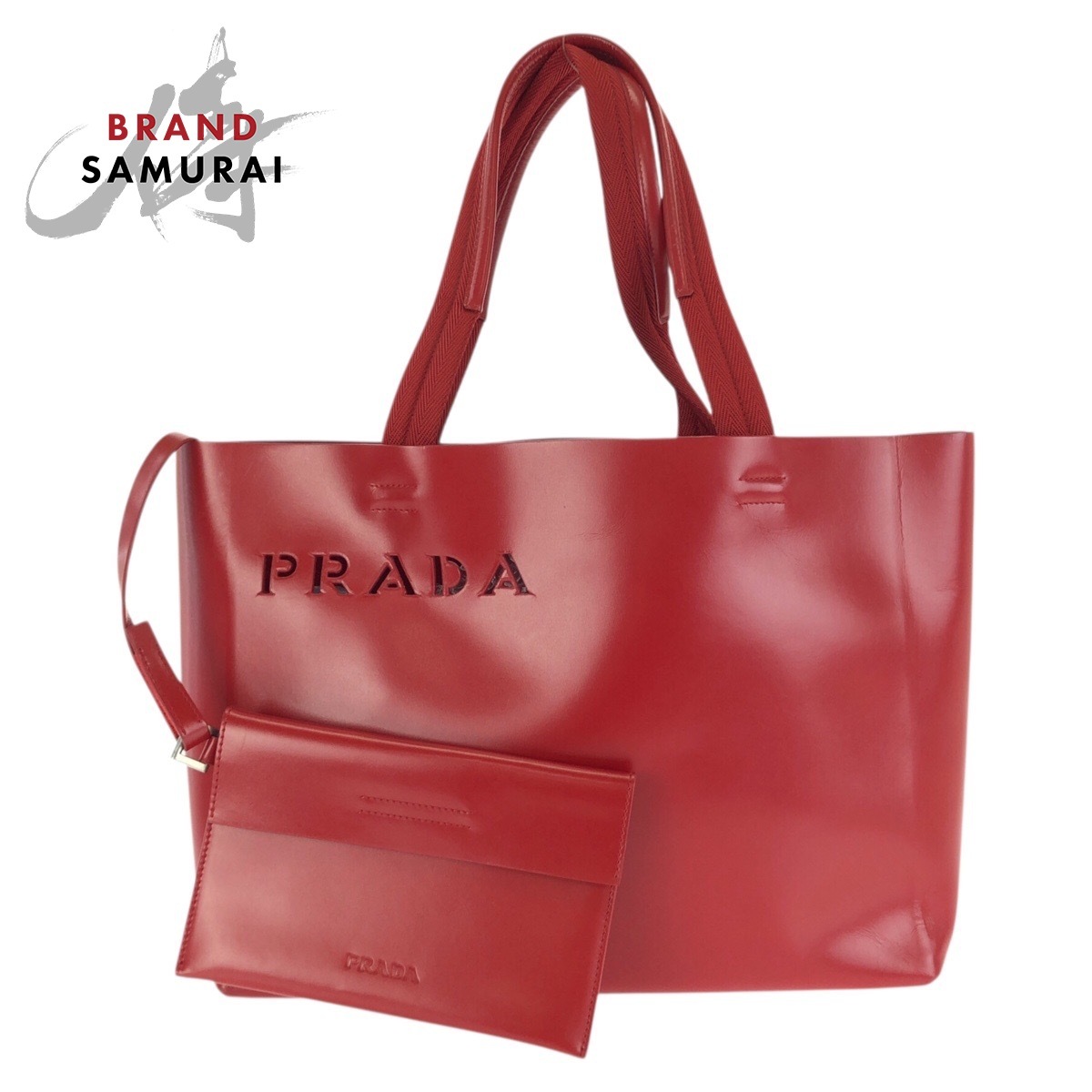 美品 PRADA プラダ ロゴ型抜き レッド シルバー金具 レザー トートバッグ ハンドバッグ レディース 602180拍卖