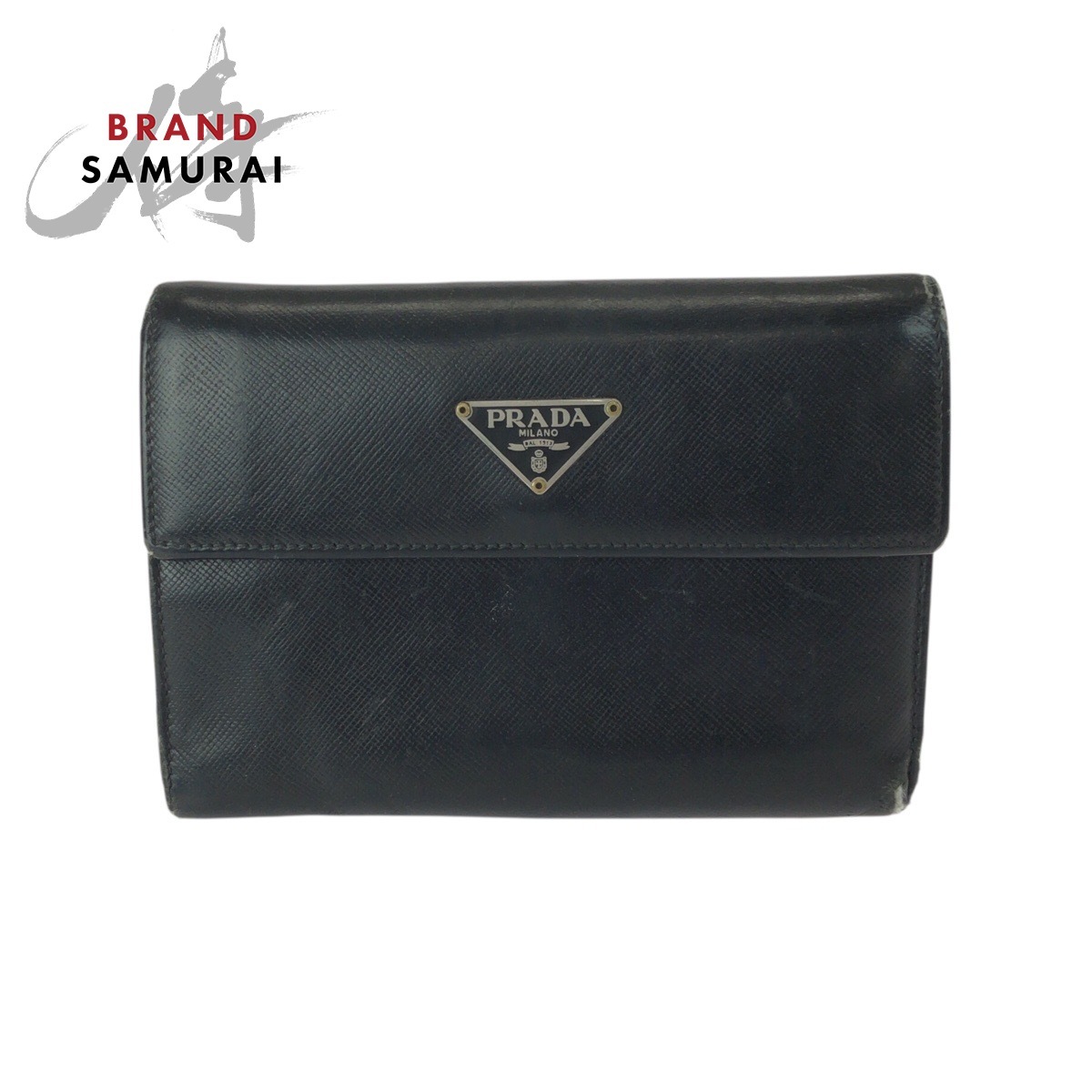 PRADA プラダ サフィアーノ 三角ロゴプレート ブラック 黒 シルバー金具 レザー 折財布 コンパクトウォレット レディース 506552拍卖