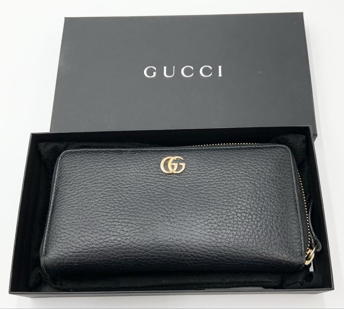 【23】財布 長財布 グッチ GUCCI ブラック GGマーモント レザー ジップアラウンドウォレット ダブルG レディース 箱付き 中古拍卖