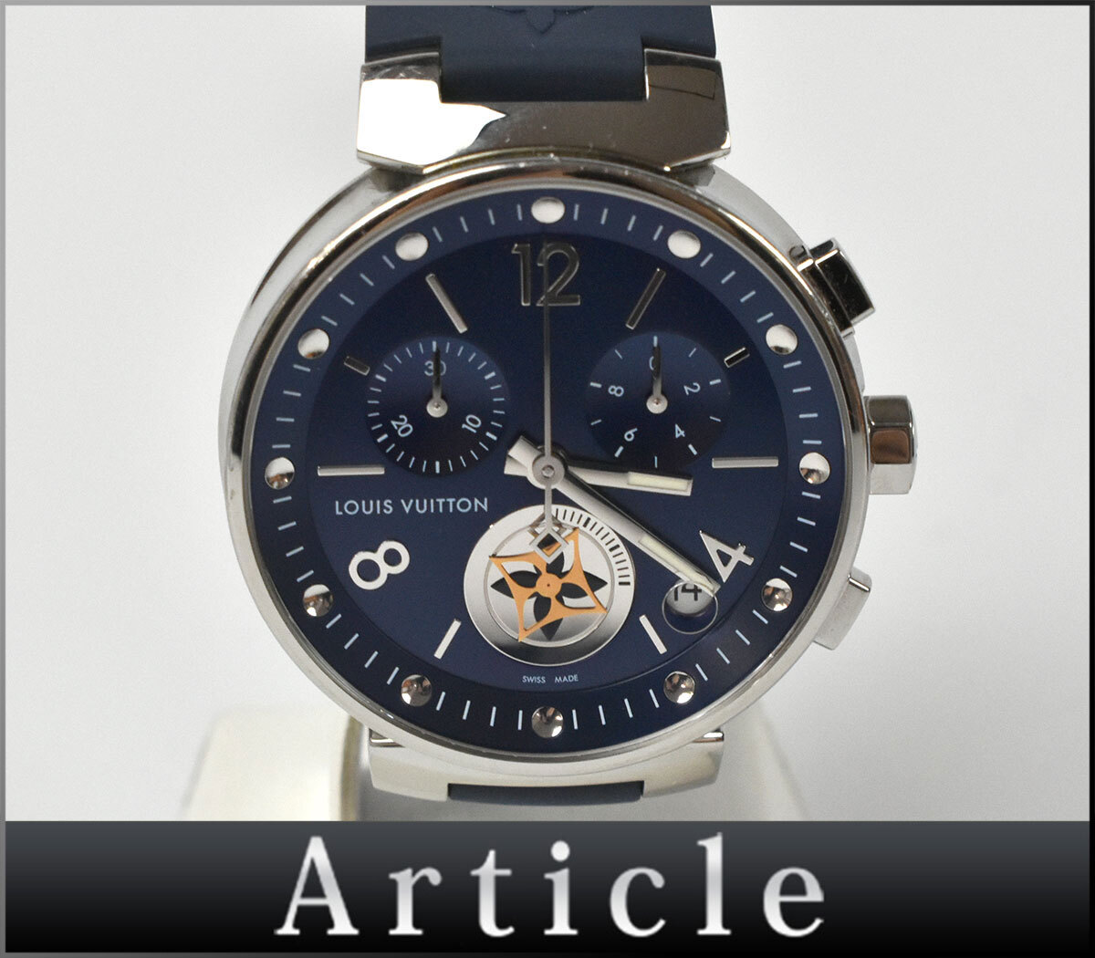 256273◇動作確認済 LOUIS VUITTON ルイヴィトン タンブール ムーンスター 腕時計 クォーツ QA034 クロノ デイト 青文字盤 メンズ/ D拍卖