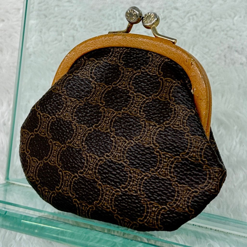 1円 1スタ CELINE コインケース ヴィンテージ マカダム柄 がま口 金具に青錆あり ブラウン系 PVC/レザー レディース 【参考価格¥18,000-】拍卖
