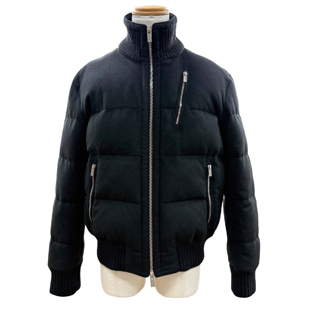 極美品▼HERMES エルメス カシミヤ100% スタンドカラー Hロゴジップ WZIPUP ダウンジャケット ダークグレー 50 フランス製 メンズ拍卖