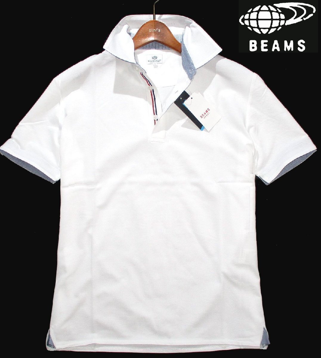 新品 夏物 L ▼ ビームス BEAMS HEART ▼ 鹿の子 クールマックス ポロシャツ 速乾 抗菌 防臭 半袖シャツ 前立て トリコロール 白 メンズ拍卖