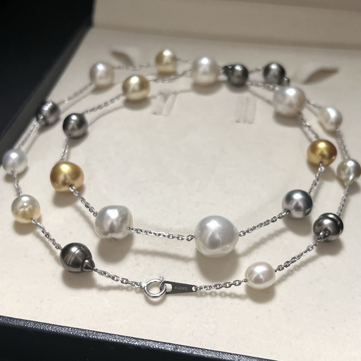 【K14WG/2連】白蝶真珠 黒蝶真珠 8.0-13.0 ゴールデン ロングネックレス テリ強 14金 Pearl マルチカラー アコヤ 本真珠 パール 南洋 1622拍卖