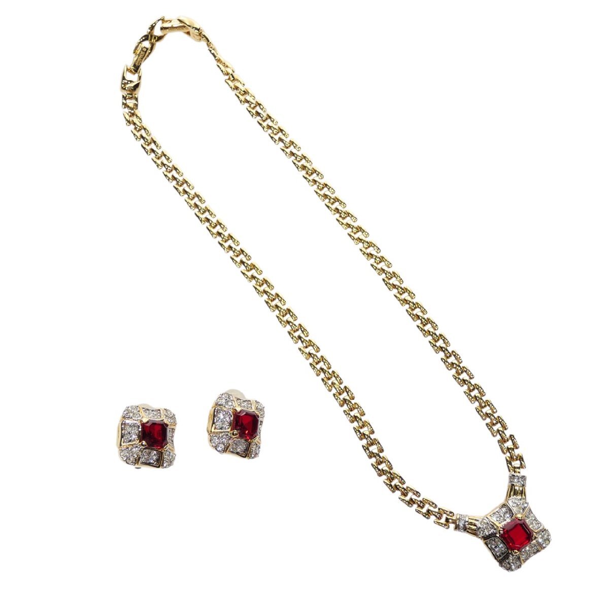 1円スタート 美品 アクセサリー 2点セット NINA RICCI ニナリッチ ネックレス イヤリング ラインストーン ゴールド レッド レディース拍卖