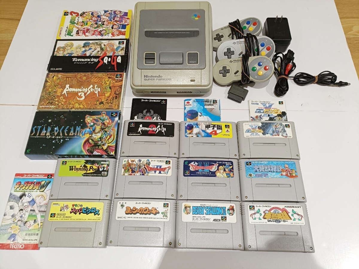 SFC スーパーファミコン 本体 ソフトまとめ スターオーシャン箱説付 ロマサガ ドラクエ コントローラー3個 ジャンク拍卖