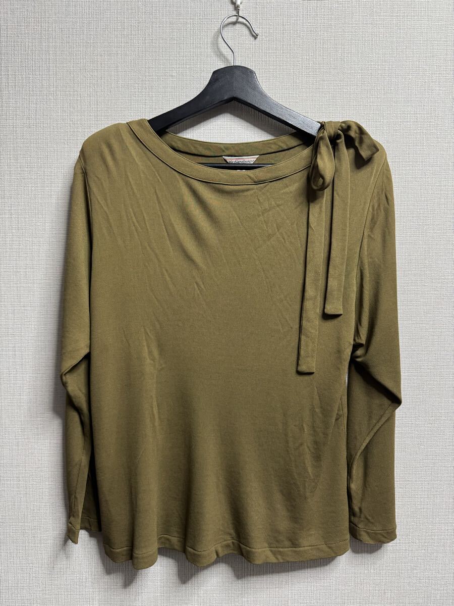 1円 Yves Saint Laurent イヴサンローラン Chemisiers リボン タイ ブラウス カーキ M 長袖 ヴィンテージ レディース拍卖