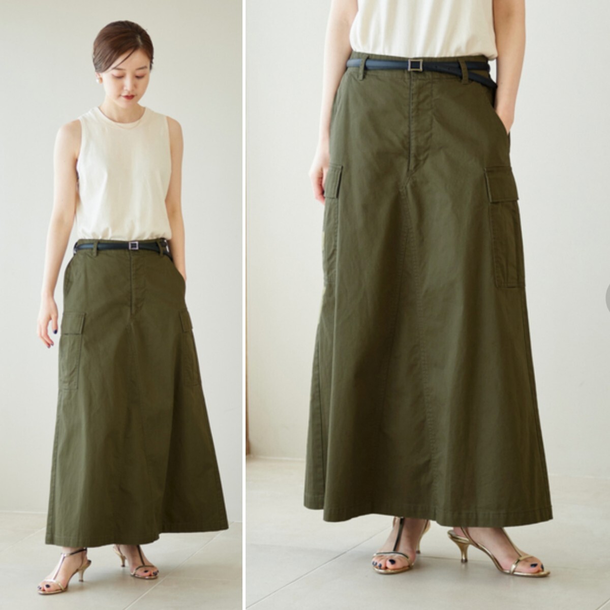 秋物★美品★IENA コットンサテンカーゴスカート 定価19,800円 カーキ イエナ 晩夏 カジュアル ミリタリー ロングスカート拍卖