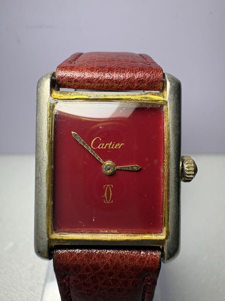 超激レア Cartier マストタンク SV925 稼働良好 Cartier 赤文字盤 Cartier Only ETA2512-1 手巻き 925 タンク 腕時計 ボルドー文字盤拍卖