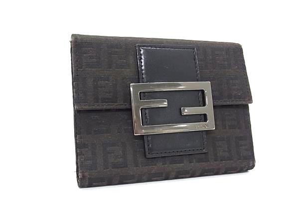 1円 FENDI フェンディ ズッカ柄 ズッキーノ キャンバス×レザー 三つ折り 財布 ウォレット 小銭入れ ブラウン系×ブラック系 HB3390拍卖