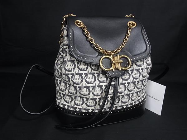 1円 ■極美品■ Salvatore Ferragamo フェラガモ EZ-21 H579 ダブルガンチーニ レザー×キャンバス リュックサック ネイビー系 HE2347拍卖