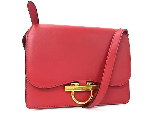 1円 ■美品■ Salvatore Ferragamo フェラガモ ガンチーニ レザー クロスボディバッグ ショルダーバッグ 斜め掛け レッド系 HE2356拍卖