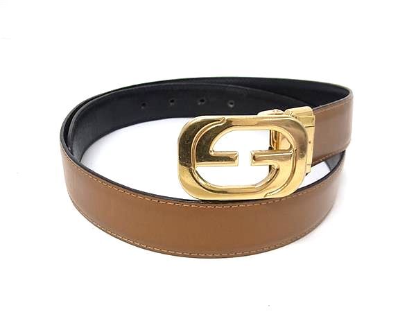 1円 GUCCI グッチ レザー リバーシブル ゴールド金具 ベルト ビジネス 紳士 メンズ ブラウン系×ブラック系 HE2154拍卖