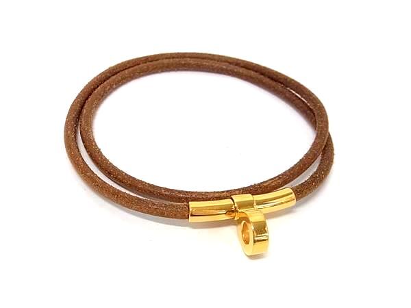 1円 HERMES エルメス ドゥーブルケリー レザー ゴールド金具 2連 ブレスレット バングル チョーカー アクセサリー ブラウン系 HE2063拍卖