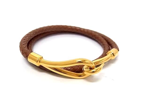 1円 ■美品■ HERMES エルメス ジャンボ レザー ゴールド金具 2連 ブレスレット バングル チョーカー アクセサリー ブラウン系 HE2067拍卖