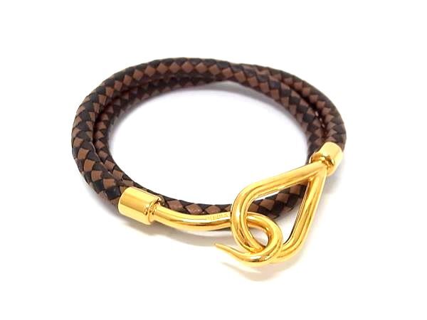 1円 ■美品■ HERMES エルメス ジャンボ レザー ゴールド金具 2連 ブレスレット アクセサリー ブラウン系×ブラック系 BR4995拍卖