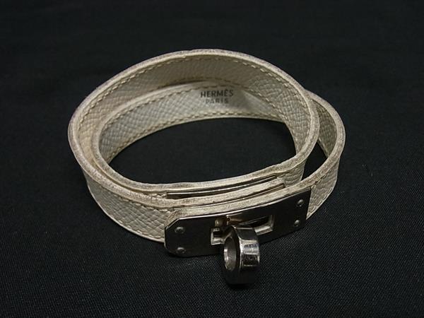 1円 HERMES エルメス ドゥブルトゥール ケリー ヴォーエプソン ルバー金具 2連 ブレスレット アクセサリー □H刻印 ホワイト系 BR5001拍卖