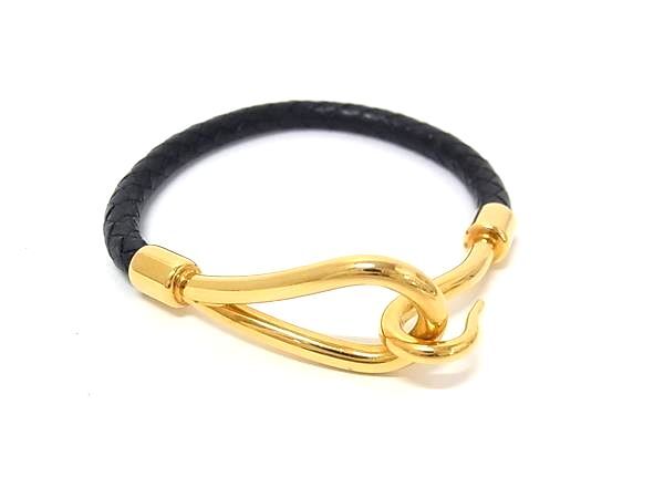 1円 ■美品■ HERMES エルメス ジャンボ レザーゴールド金具 ブレスレット アクセサリー メンズ レディース ブラック系 BR4973拍卖
