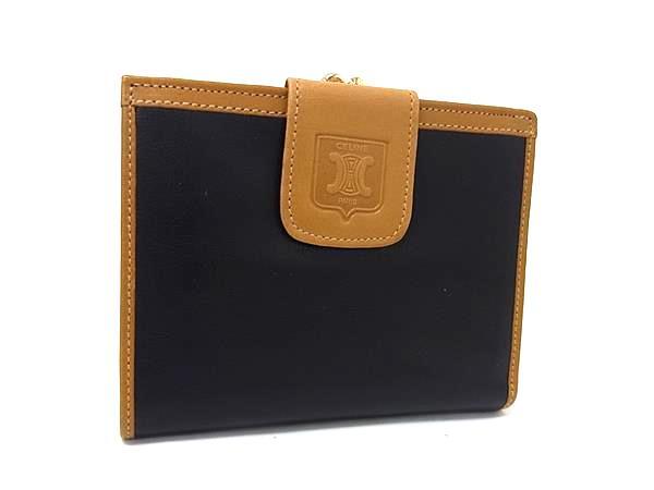 1円 CELINE セリーヌ ヴィンテージ レザー がま口 二つ折り 財布 ウォレット 札入れ 小銭入れ レディース ブラック系×ブラウン系 HD0463拍卖