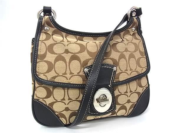 1円 COACH コーチ F13791 シグネチャー キャンバス×レザー ショルダーバッグ 斜め掛けかばん レディース ブラウン系×ブラック系 BQ6453拍卖