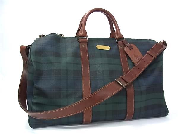 1円 POLO RALPH LAUREN ポロラルフローレン PVC×レザー チェック柄 2WAY ハンドバッグ ショルダー ボストン グリーン系 BQ6456拍卖